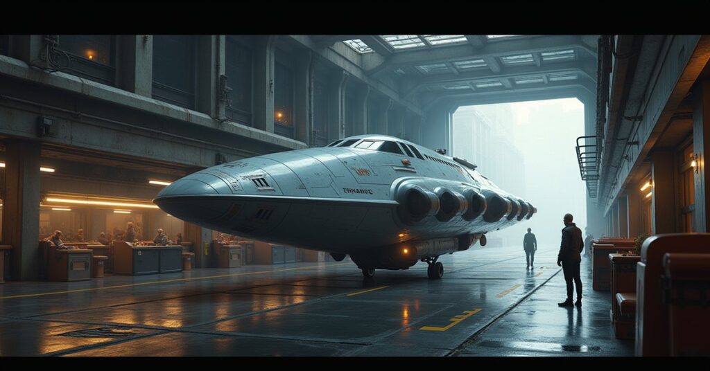 A gleaming refurbished starship in a busy trade hangar in Star Trek Fleet Command