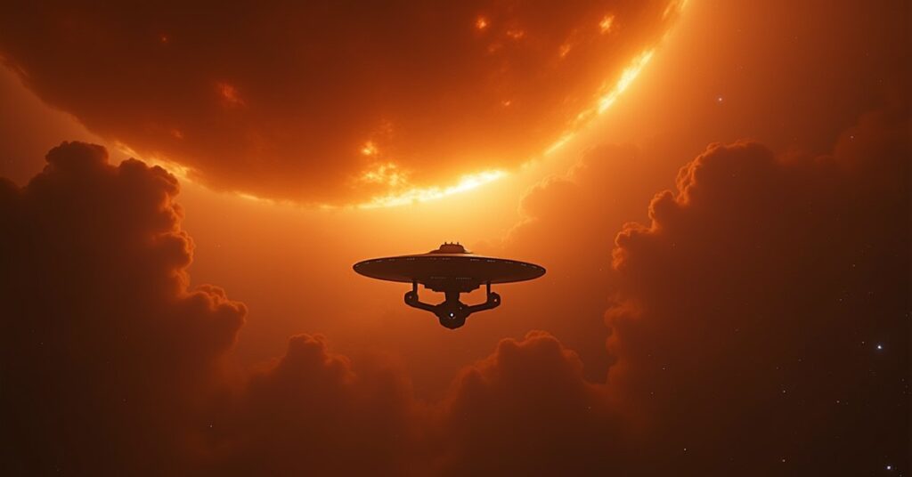 Starship approaching a hazy amber nebula in the Briar Patch, Star Trek Fleet Command key-art style