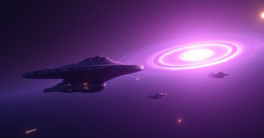 A Vulcan ship and the Enterprise flying toward a shimmering violet energy wave
