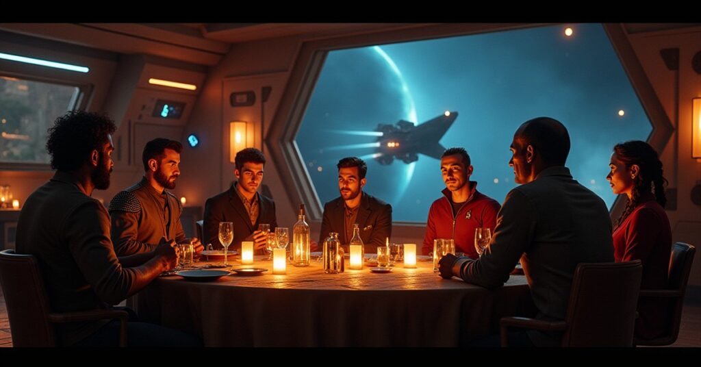 Klingon, Romulan and Forsaken guests at a community night on a space station as a hostile ship looms outside