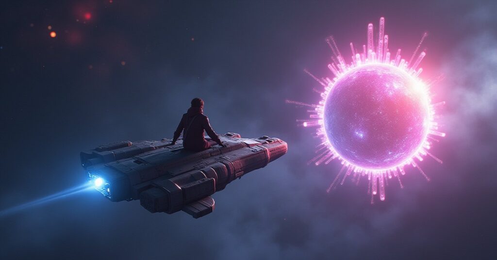 A starship heading toward a glowing AI construct near a crystalline planet in Star Trek Fleet Command
