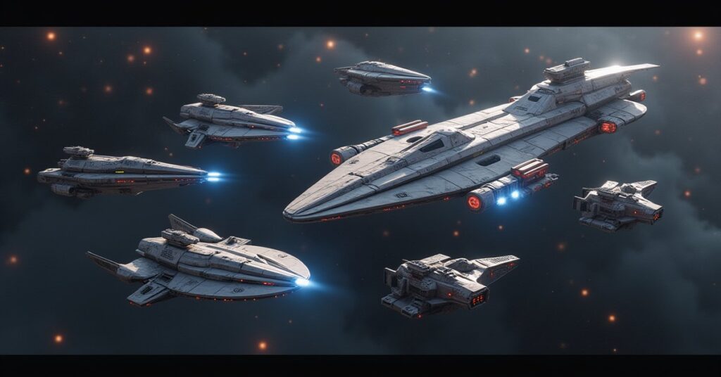 Starships gathering around a shared starbase as an alliance in Star Trek Fleet Command