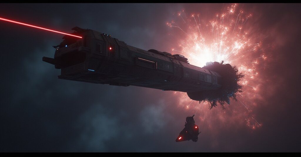 A starship tractors a disabled Surgewalker vessel inside a subspace surge in Star Trek Fleet Command