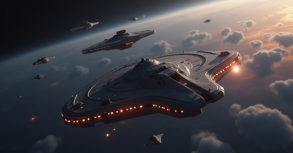 A decoy USS Enterprise over a Romulan world as Nero's fleet warps into an ambush