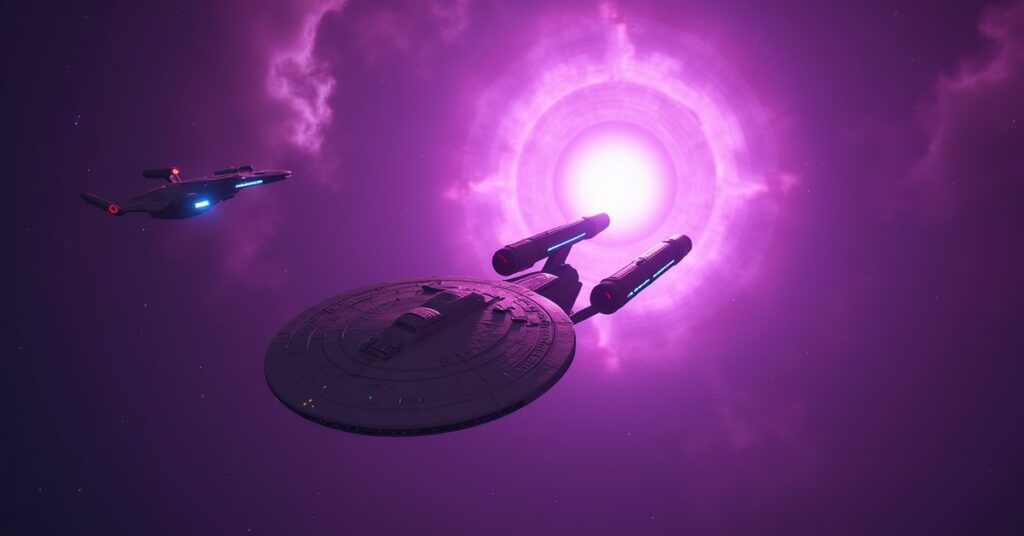 A Federation ship in a purple nebula with a cloaked Klingon ship nearby in Star Trek Fleet Command