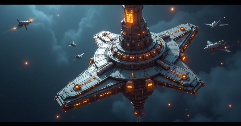 A small starbase upgrading its central tower as construction drones work in Star Trek Fleet Command