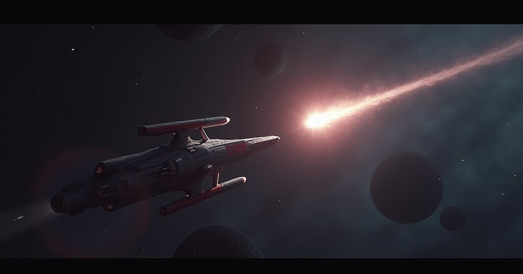 A Klingon warship following a warp trail from a tribble world in Star Trek Fleet Command