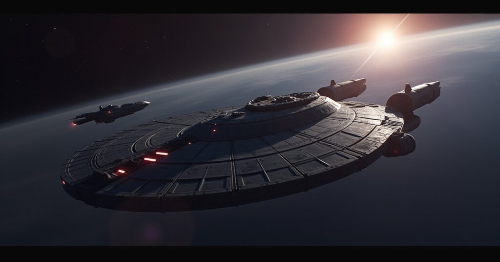 A damaged Federation starship being escorted home in Star Trek Fleet Command