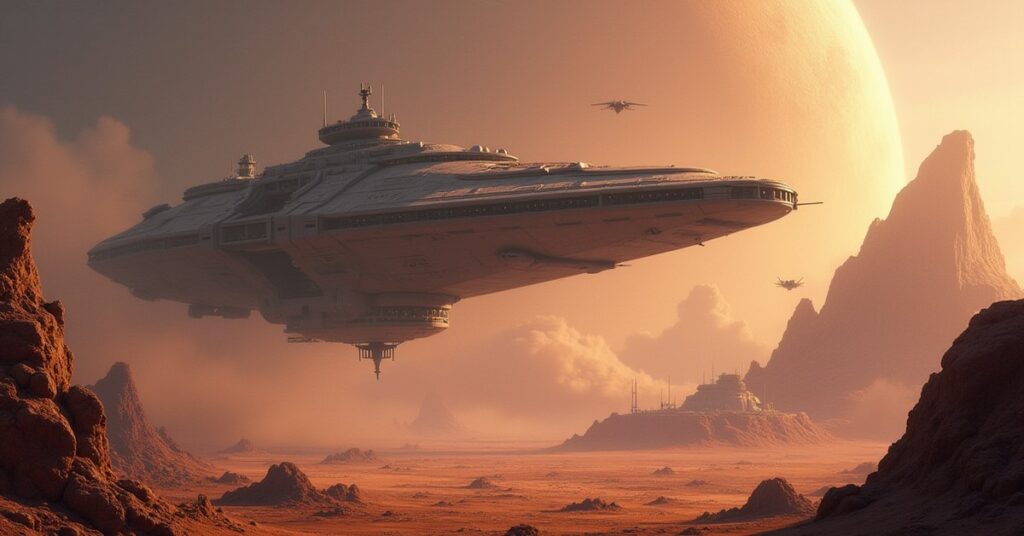 A starship above an internment camp guarded by a Gorn ship in Star Trek Fleet Command