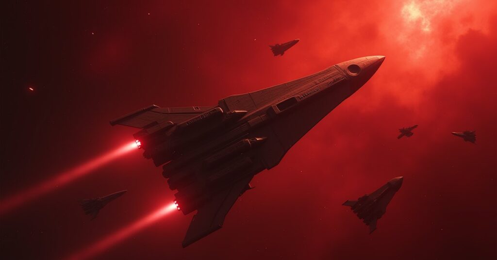 A Romulan warbird attacking raider ships in a red nebula in Star Trek Fleet Command