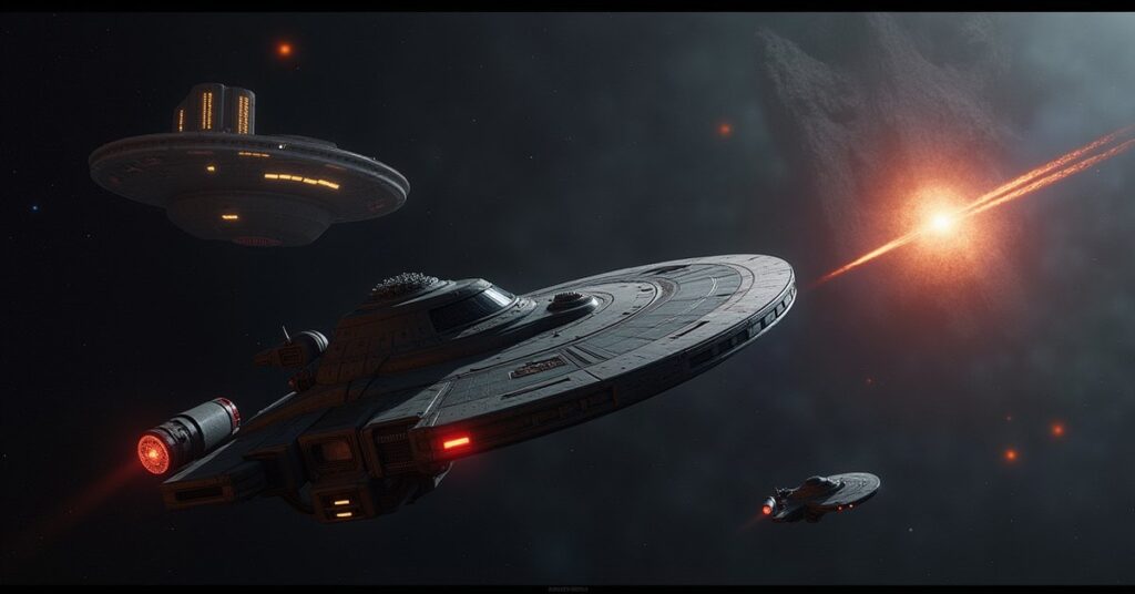 A warship cornering a Starfleet science vessel near an asteroid station in Star Trek Fleet Command