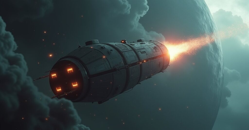A starship pulling a damaged vessel out of a stormy planet atmosphere in Star Trek Fleet Command