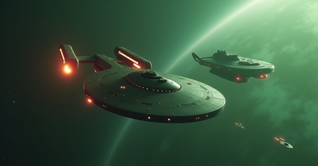 A Federation starship escorting a classic cruiser toward a green colony world in Star Trek Fleet Command