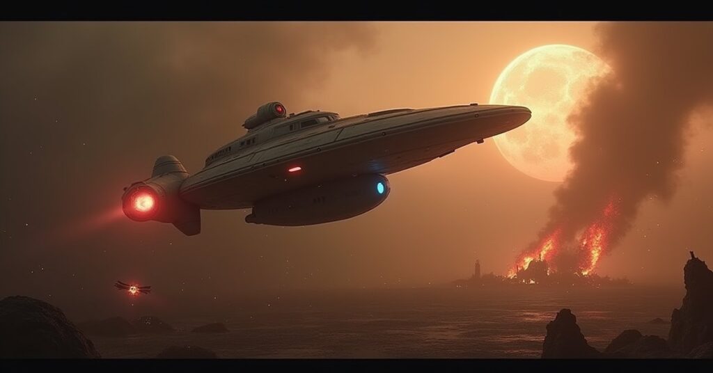 A Federation starship over a ruined colony as a Gorn warship flees