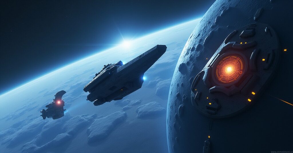 The USS Cerritos over an icy Andorian colony with a rogue AI glowing inside a nearby space station