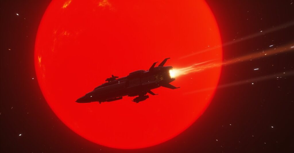 A science vessel observing a swollen red sun throwing off solar flares in Star Trek Fleet Command
