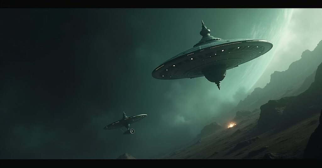 A Borg probe descending over a planet while a starship protects survivors in Star Trek Fleet Command