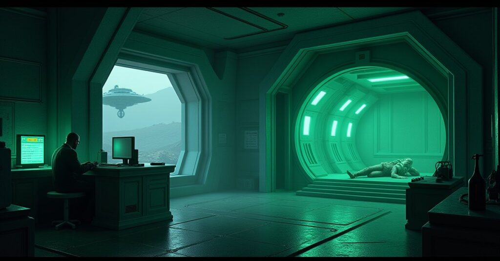 A dim alien laboratory with a dormant former Borg drone in a glowing green regeneration alcove