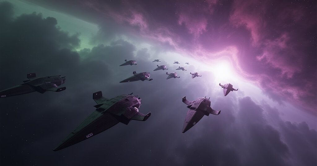 A Romulan escort fleet moving in warp formation through a nebula-lit star system in Star Trek Fleet Command
