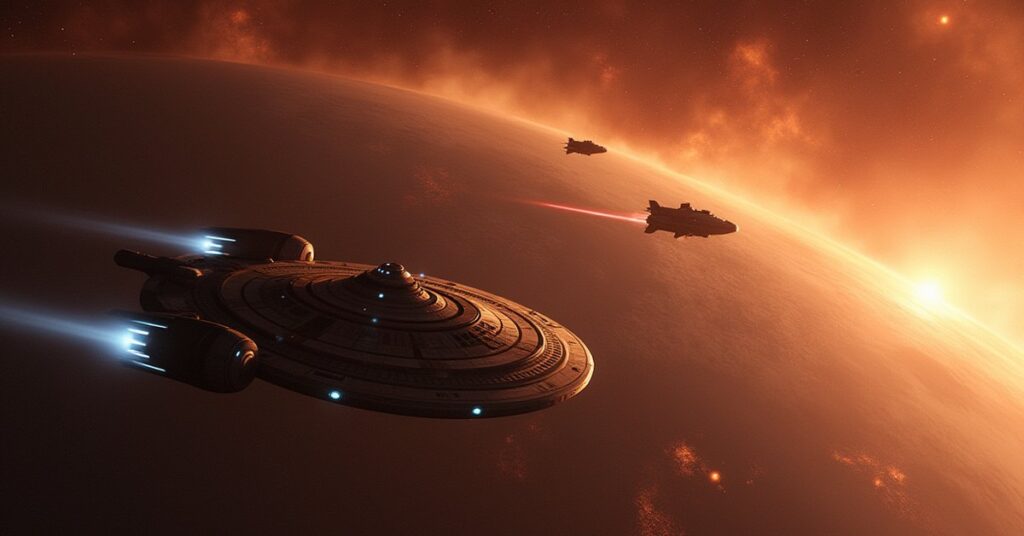 Two starships confronting a Klingon ship above a war-torn planet in Star Trek Fleet Command
