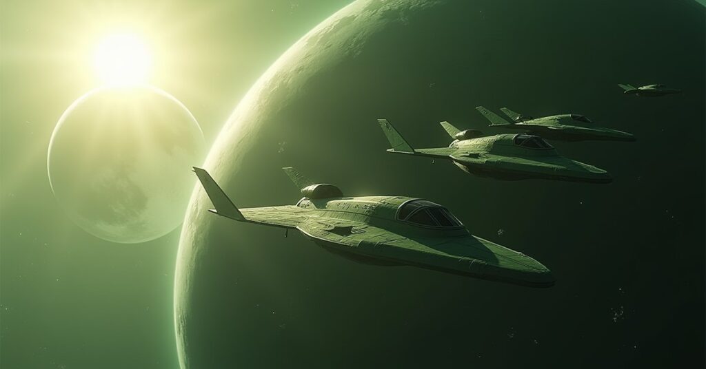 A Romulan warbird fleet surrounding a small world in orbit in Star Trek Fleet Command