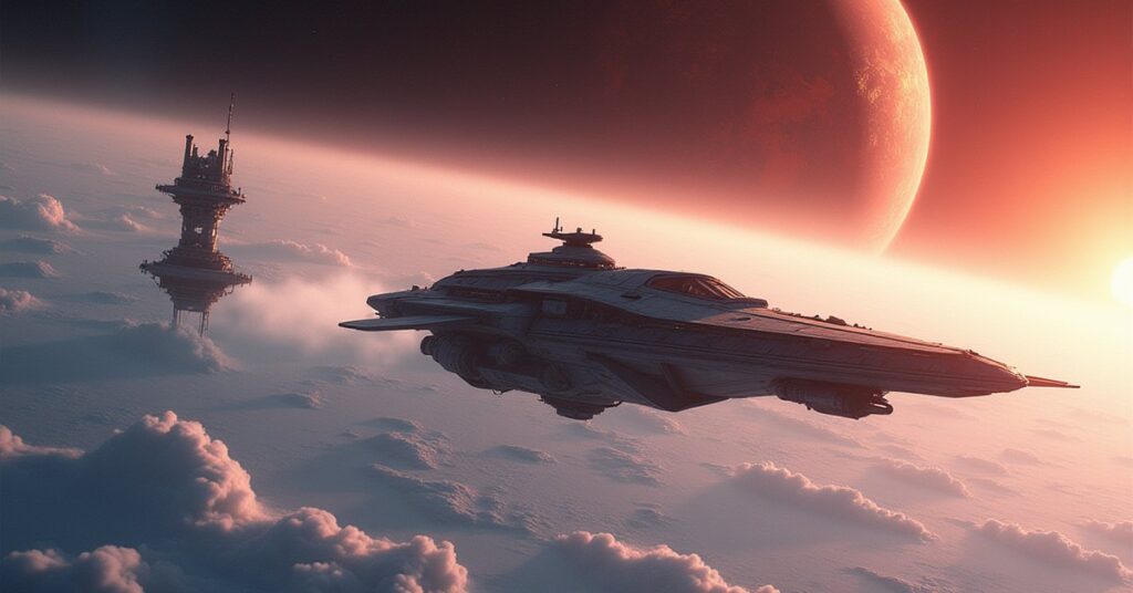 A Federation ship towing a sensor antenna array away from Mars in Star Trek Fleet Command