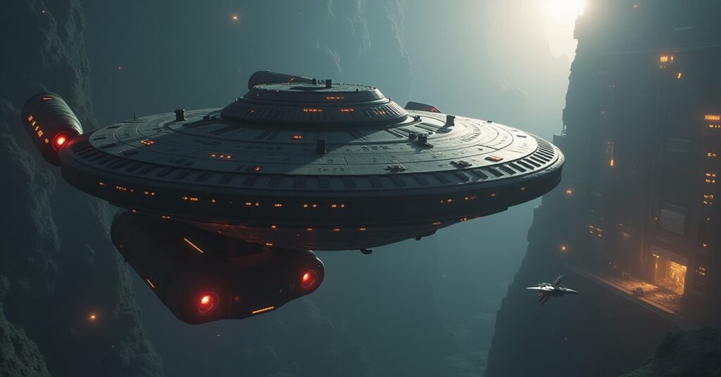 A Starfleet starship flanks the alien Pincer vessel near an engineering facility