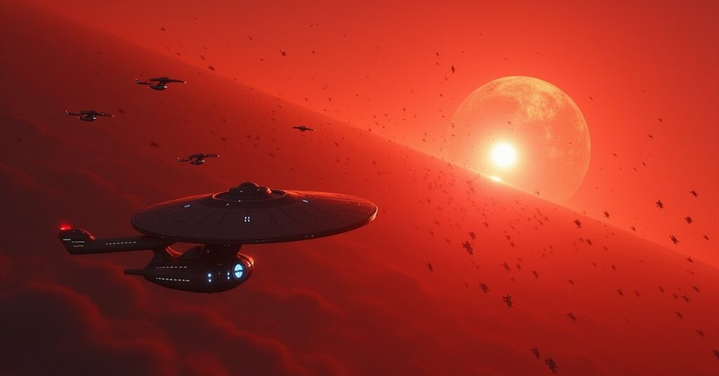 Klingon warships battling rebel ships as the Enterprise arrives in Star Trek Fleet Command