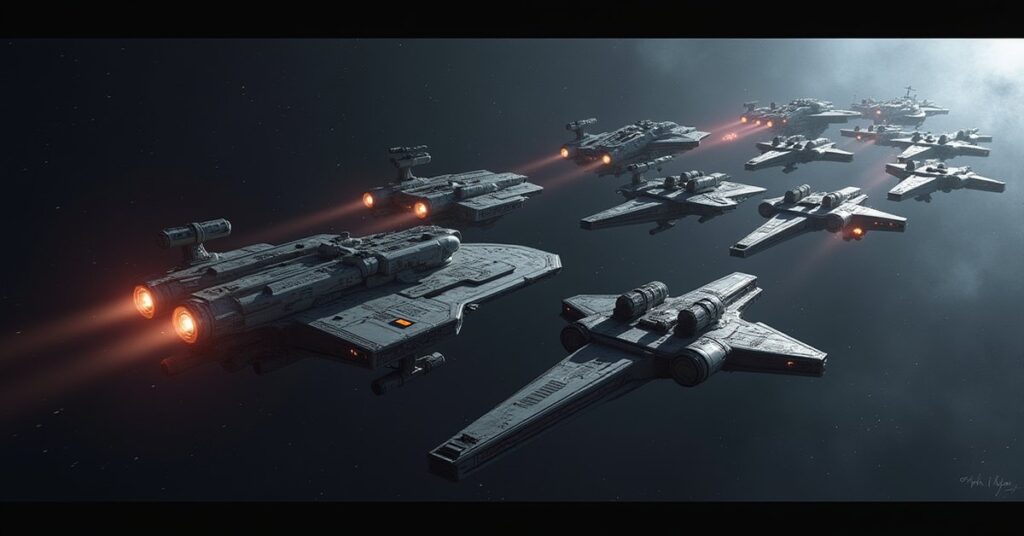 Seven starships gathering in formation beside a space station command hub in Star Trek Fleet Command