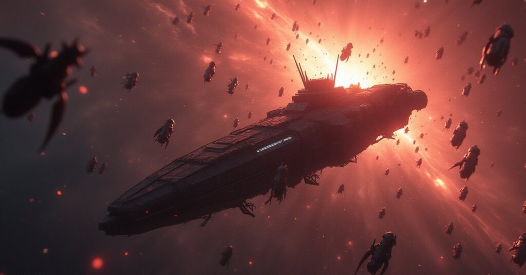 A starship facing a swarm of alien ships in a nebula in Star Trek Fleet Command