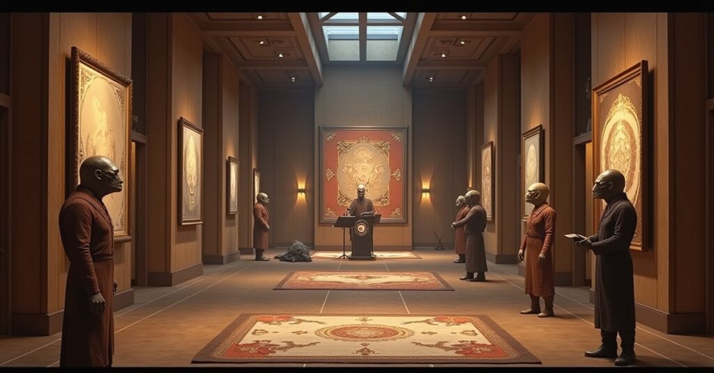 A Klingon art exhibition hall with sculptures and paintings in Star Trek Fleet Command