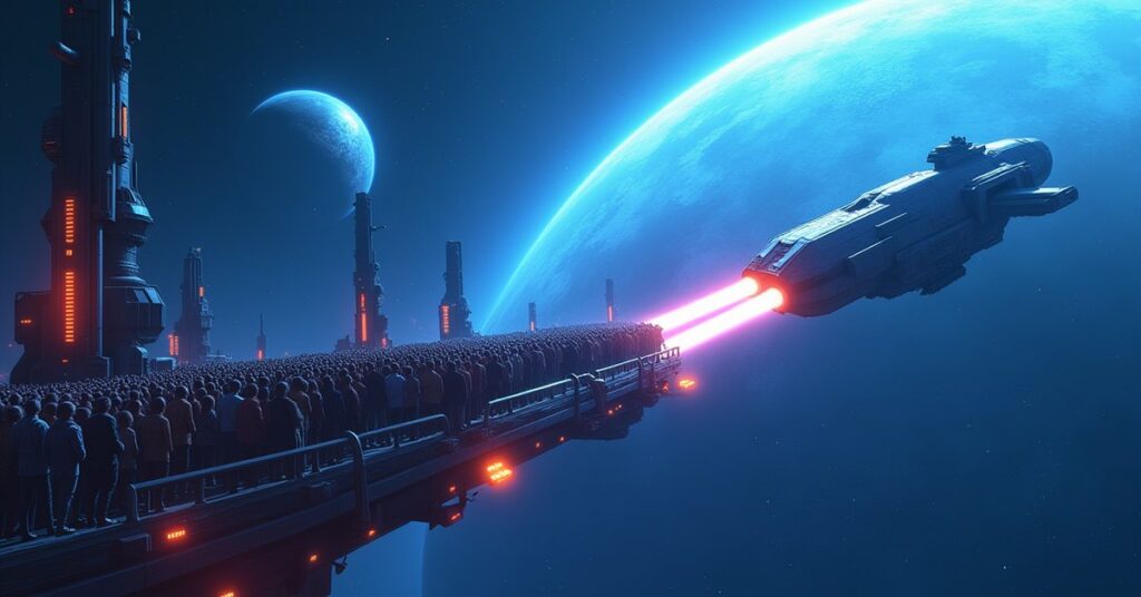 A starship chases a fleeing vessel past an orbital rally platform above a blue planet