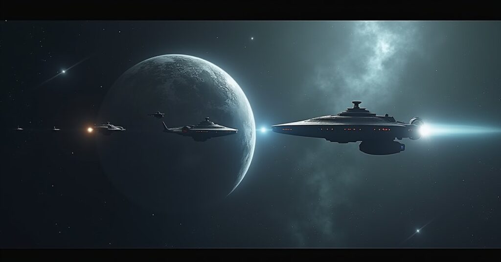 A Starfleet ship facing a shadowy Section 31 fleet above a Baelosian colony world