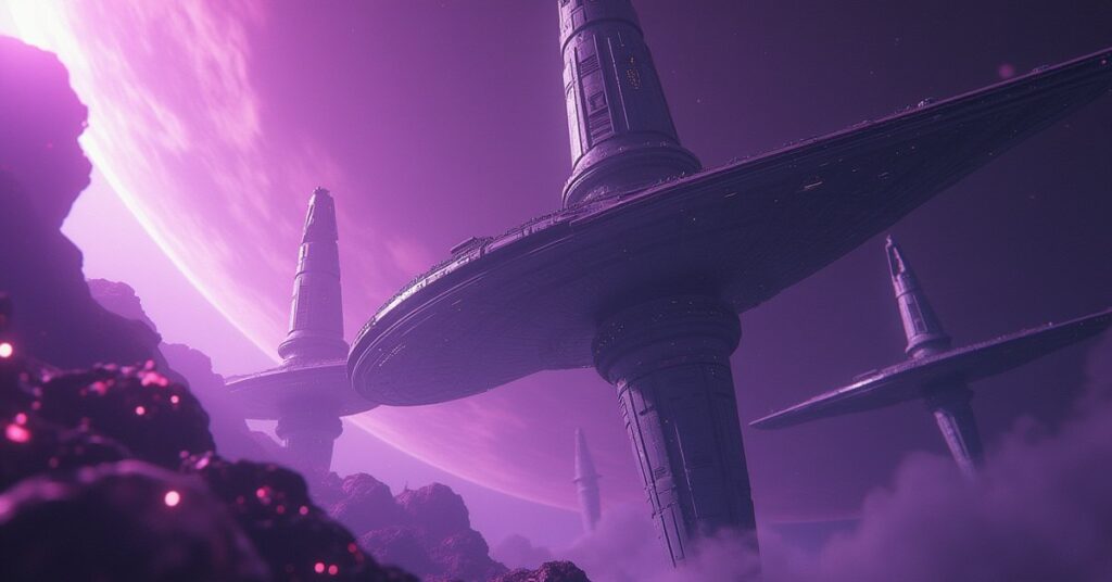 A large space station expanding with new rings above a purple nebula in Star Trek Fleet Command