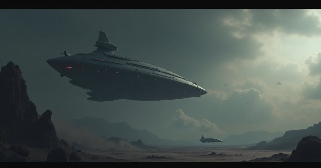 A starship orbiting an ash-grey world as a shuttle descends in Star Trek Fleet Command