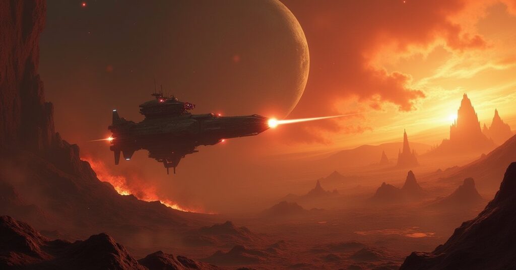 A starship chases a fleeing warship away from a burning alien habitat in Star Trek Fleet Command