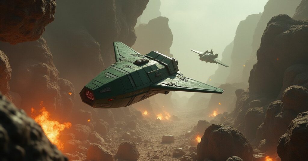 An Orion raider flees through an asteroid junkyard with a starship in pursuit, weapons fire lighting the debris