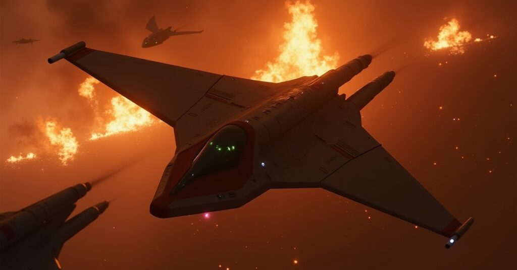 A Romulan warbird decloaking among Federation wreckage at Wolf 359 in Star Trek Fleet Command