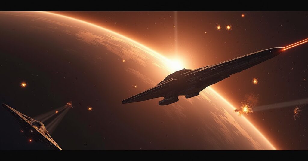 A warship bombarding a planet from orbit as a defender ship intercepts in Star Trek Fleet Command