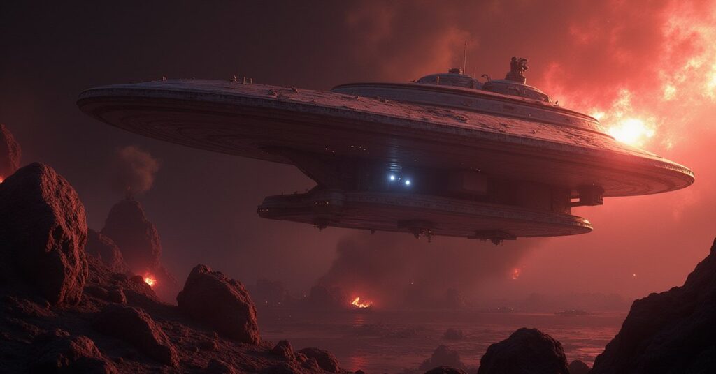 A survey ship mining an asteroid near a Federation starbase under repair in Star Trek Fleet Command