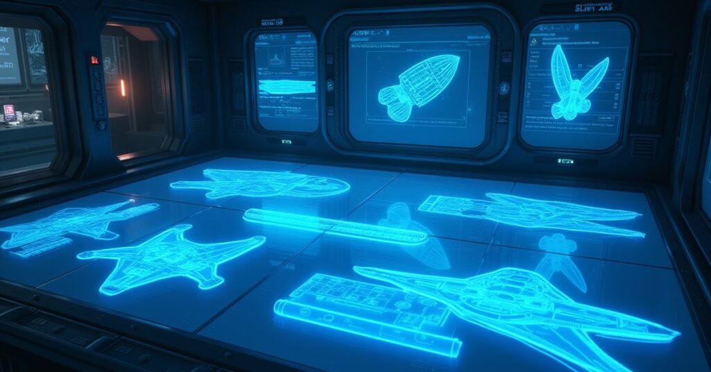 A station astronautics studio projects starship designs in blue holograms over a drafting deck