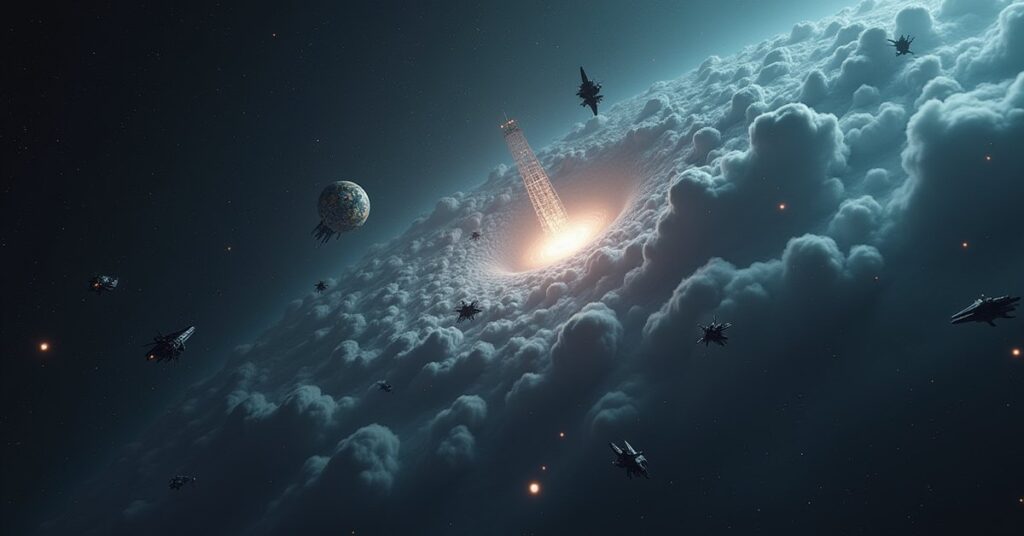 A dense cloud of Swarm ships twisting around a pulsing signal transmitter as a starship approaches