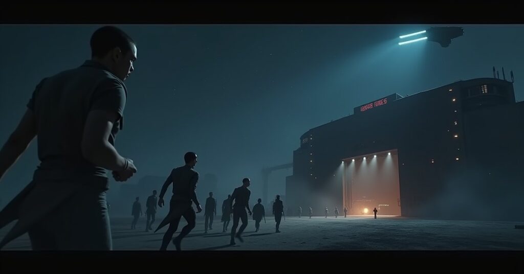 Romulan recruits flee a military training base as a guard ship sweeps searchlights overhead