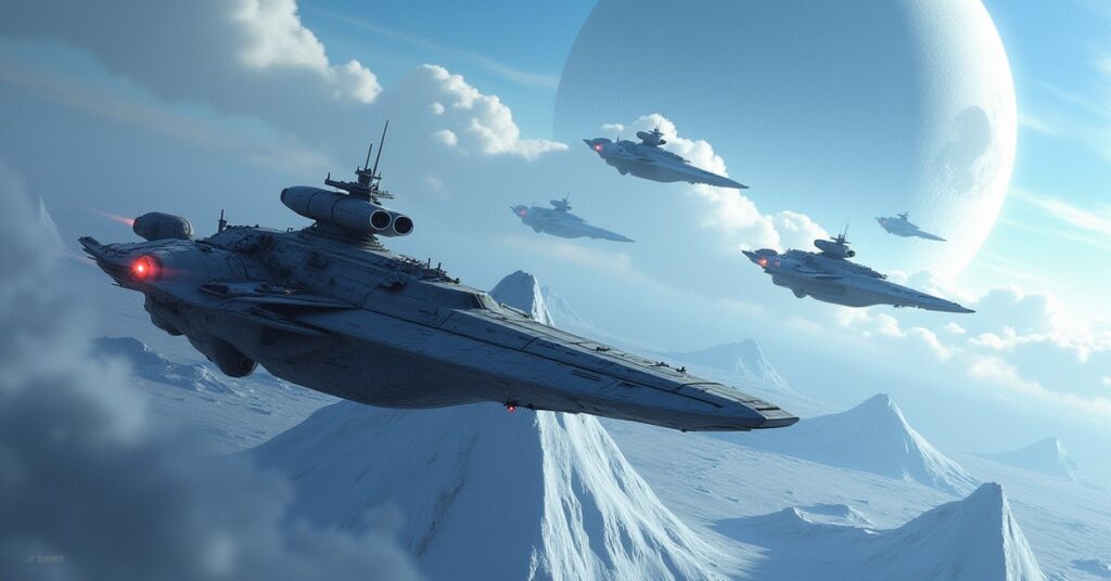 Andorian and Federation ships facing Arkonian attackers over an icy moon in Star Trek Fleet Command