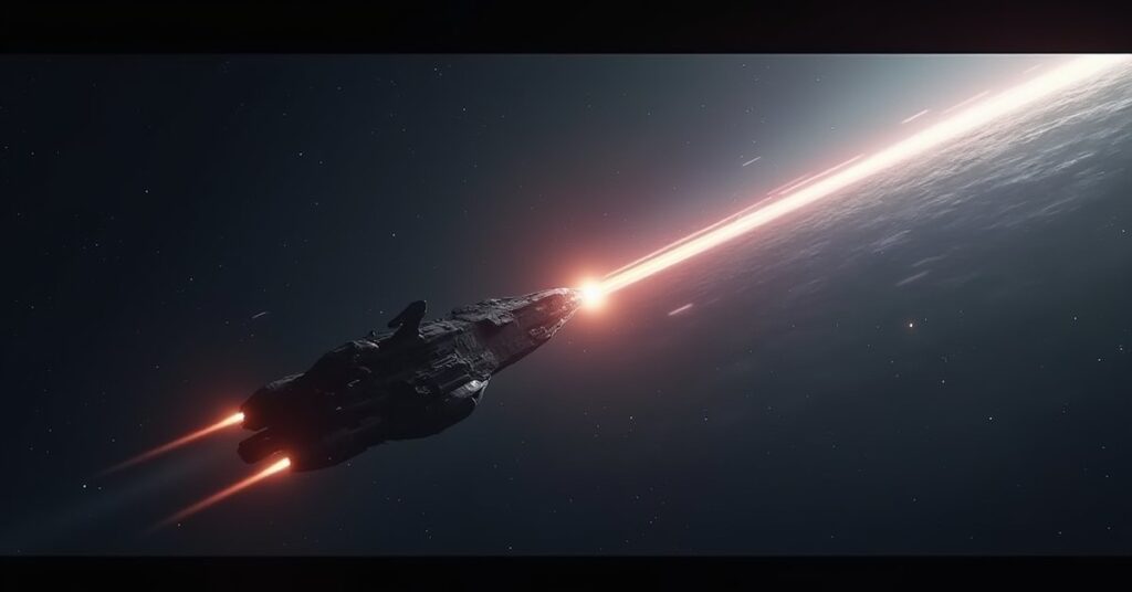 A lone starship warping along a new route through sparse space toward distant star systems