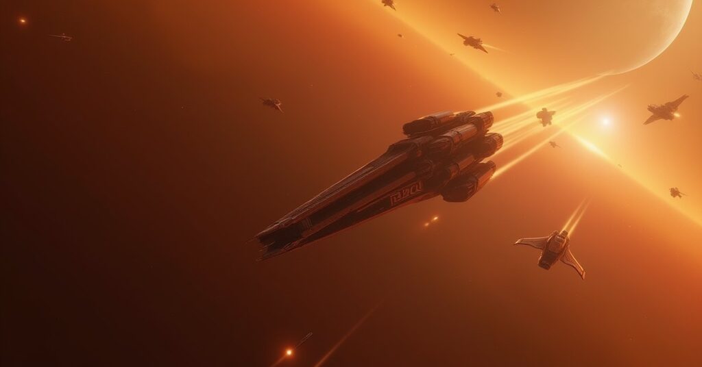 An Augment ship escaping a Corvallen fleet while an escort turns to fight in a rust-colored nebula