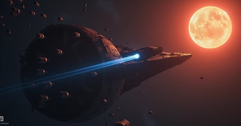 A starship scanning drifting escape pods near a wrecked hull in Star Trek Fleet Command