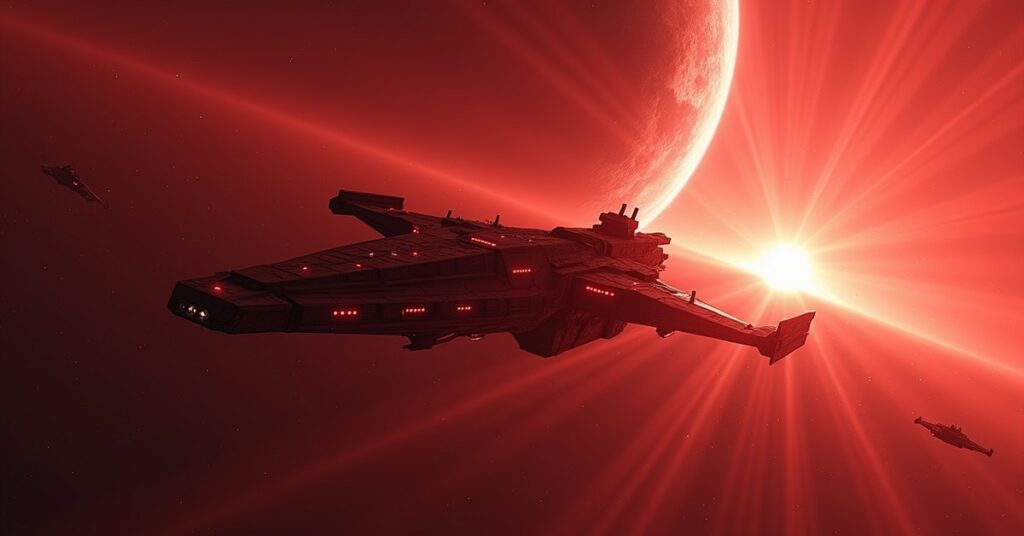 A warship beside a glowing warp corridor opening near a red planet in Star Trek Fleet Command