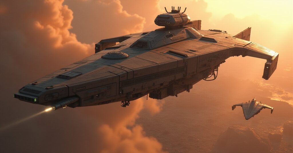 A hijacked Klingon warship hangs over a frontier colony as a starship approaches in Star Trek Fleet Command