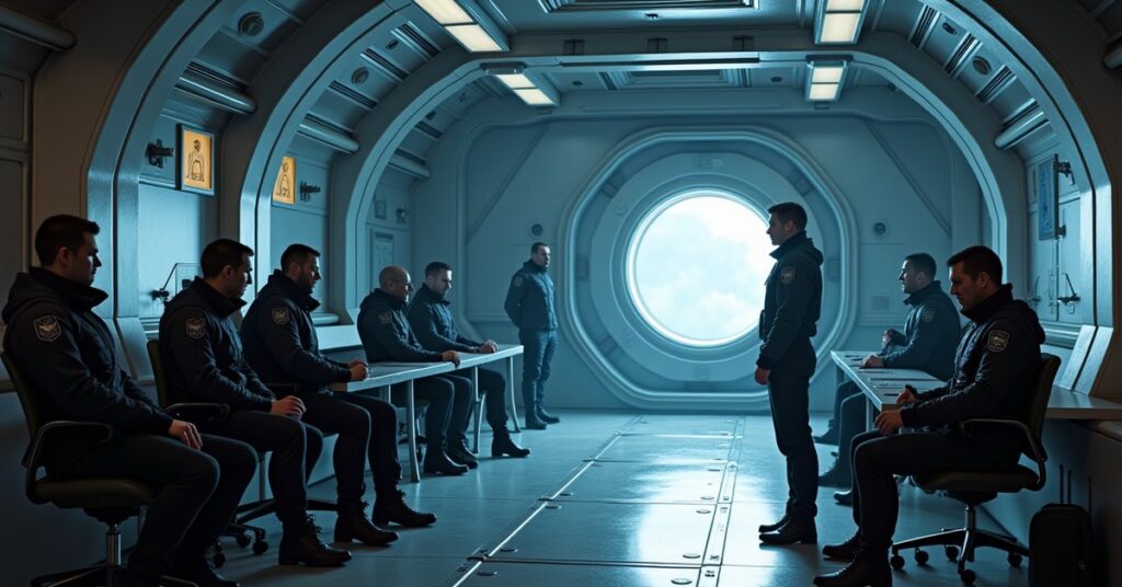 Officers gear up beside a transporter pad in a space station away team briefing room